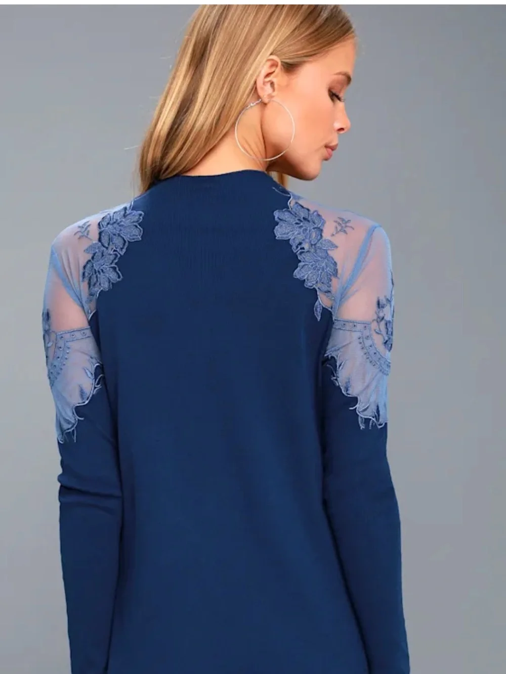 Free People Daniela Women’s Navy Lace-Accent Long Sleeve Top S/M